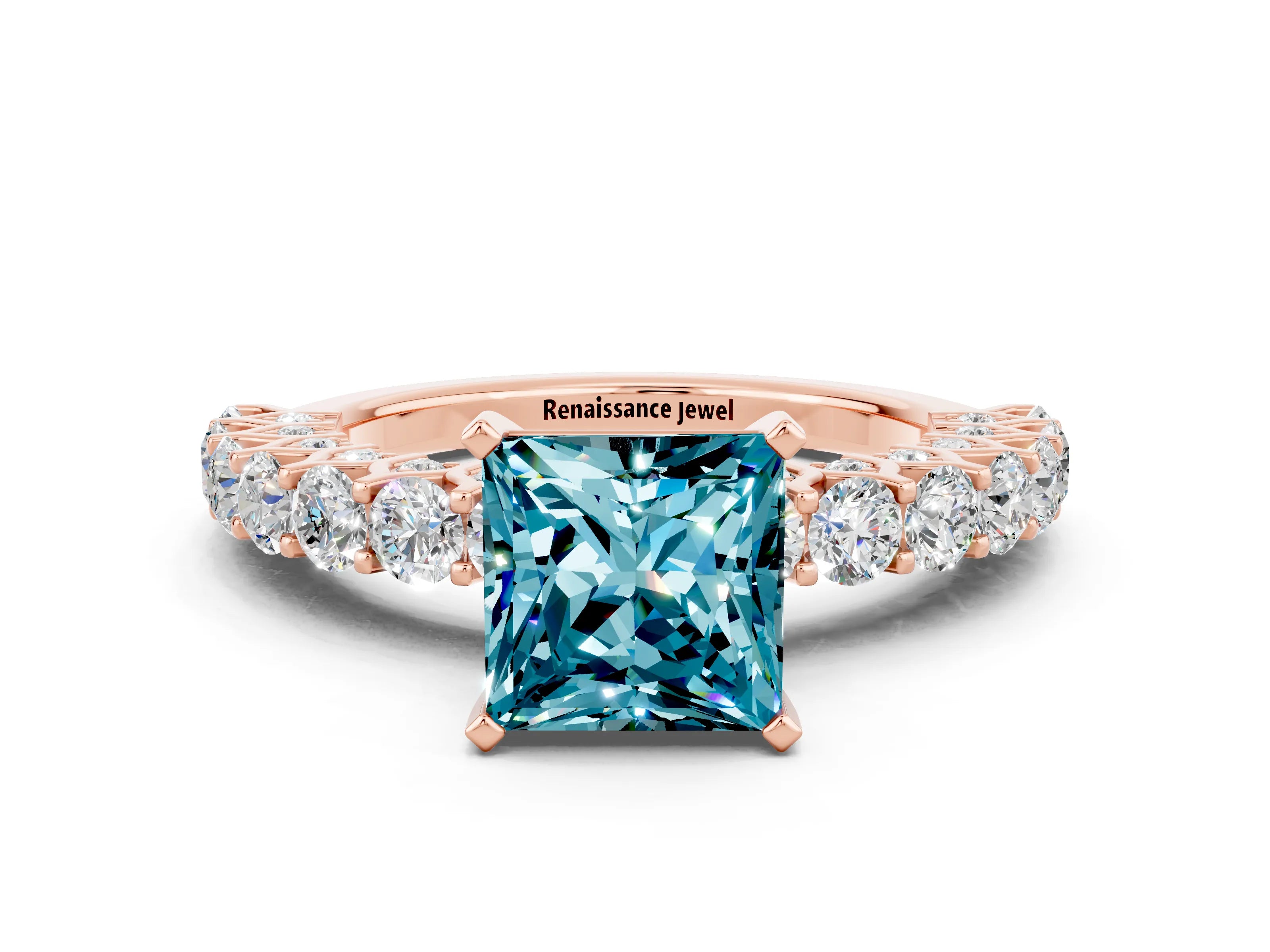 Rose gold Princess Cut Blue Topaz Solitaire Ring with Shared Prong Pavé Band and Four-Prong Setting