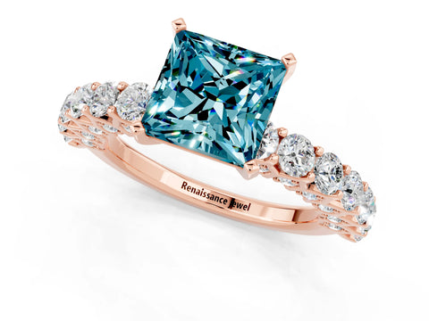 Rose gold Princess Cut Blue Topaz Solitaire Ring with Shared Prong Pavé Band and Four-Prong Setting_1