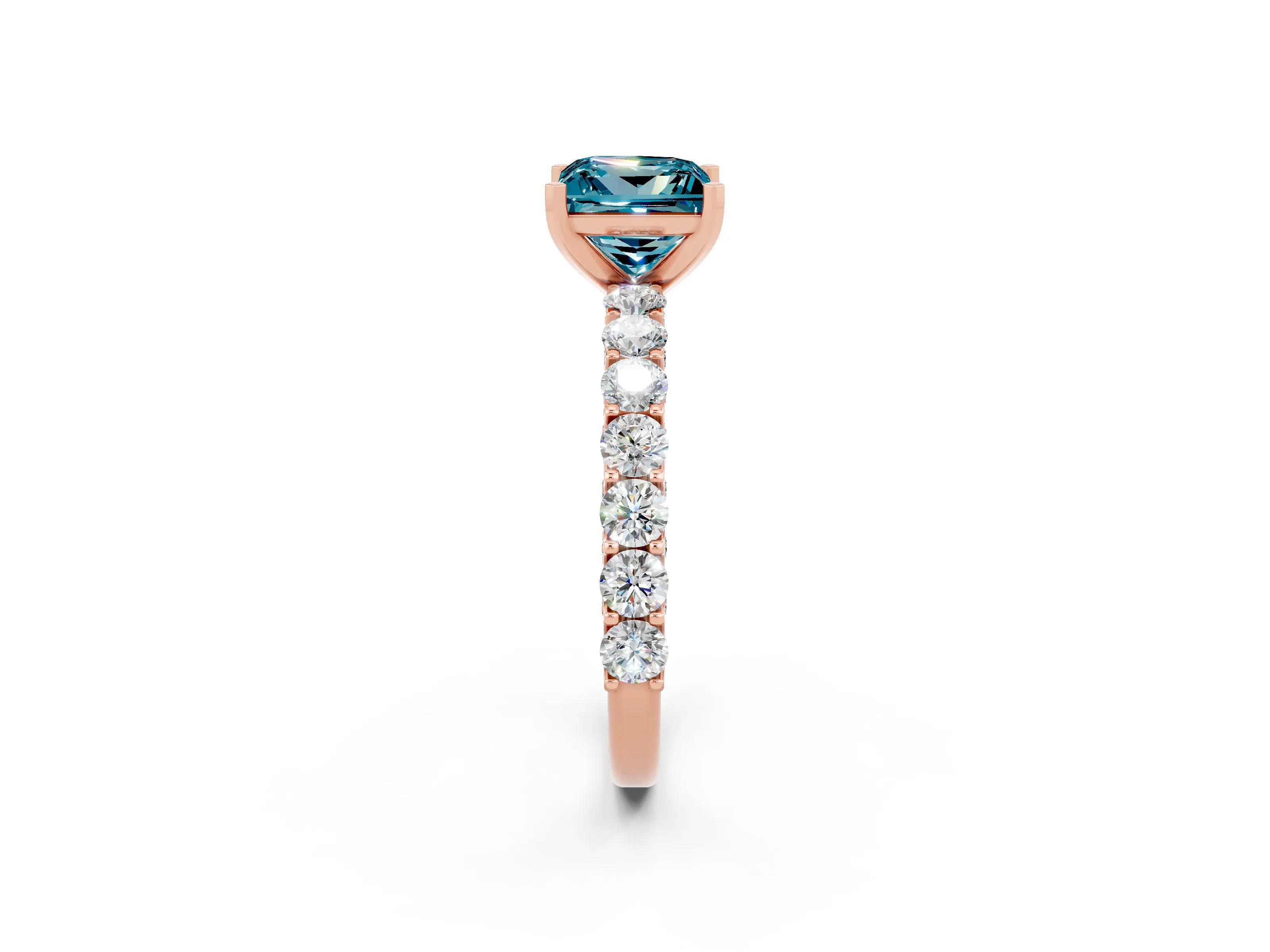 Rose gold Princess Cut Blue Topaz Solitaire Ring with Shared Prong Pavé Band and Four-Prong Setting_2