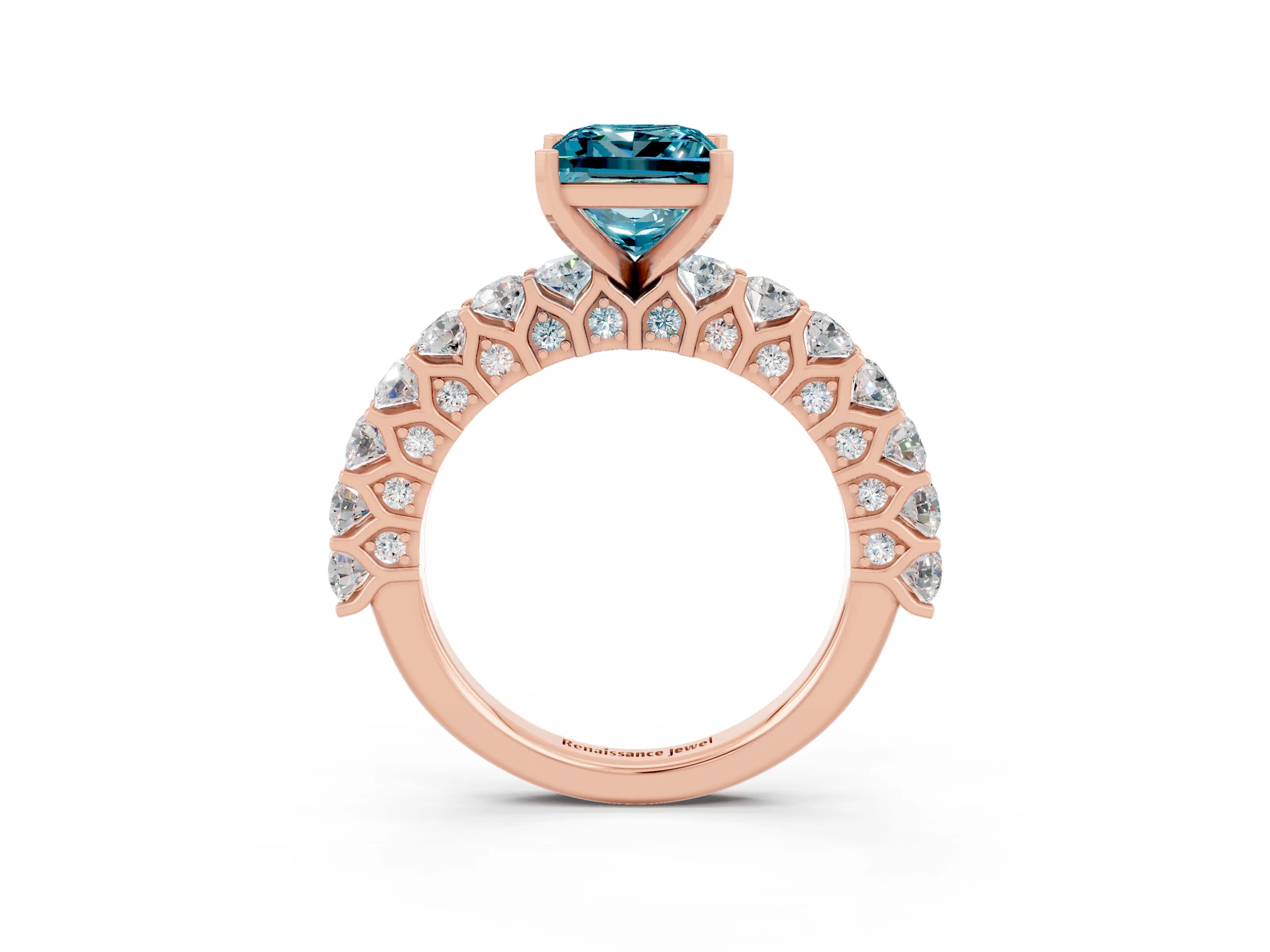 Rose gold Princess Cut Blue Topaz Solitaire Ring with Shared Prong Pavé Band and Four-Prong Setting_3