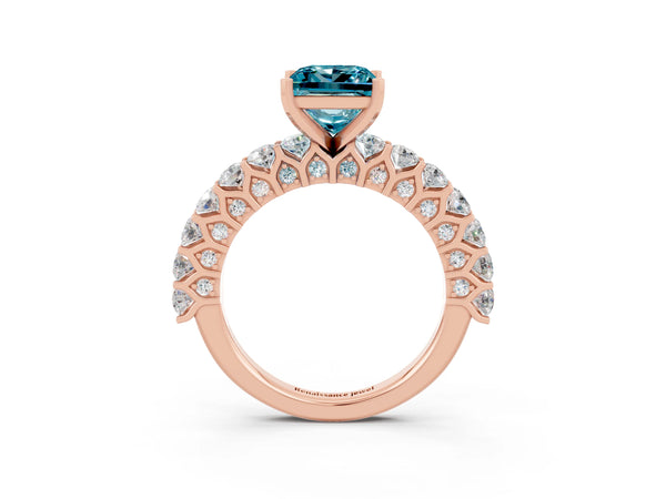 Rose gold Princess Cut Blue Topaz Solitaire Ring with Shared Prong Pavé Band and Four-Prong Setting