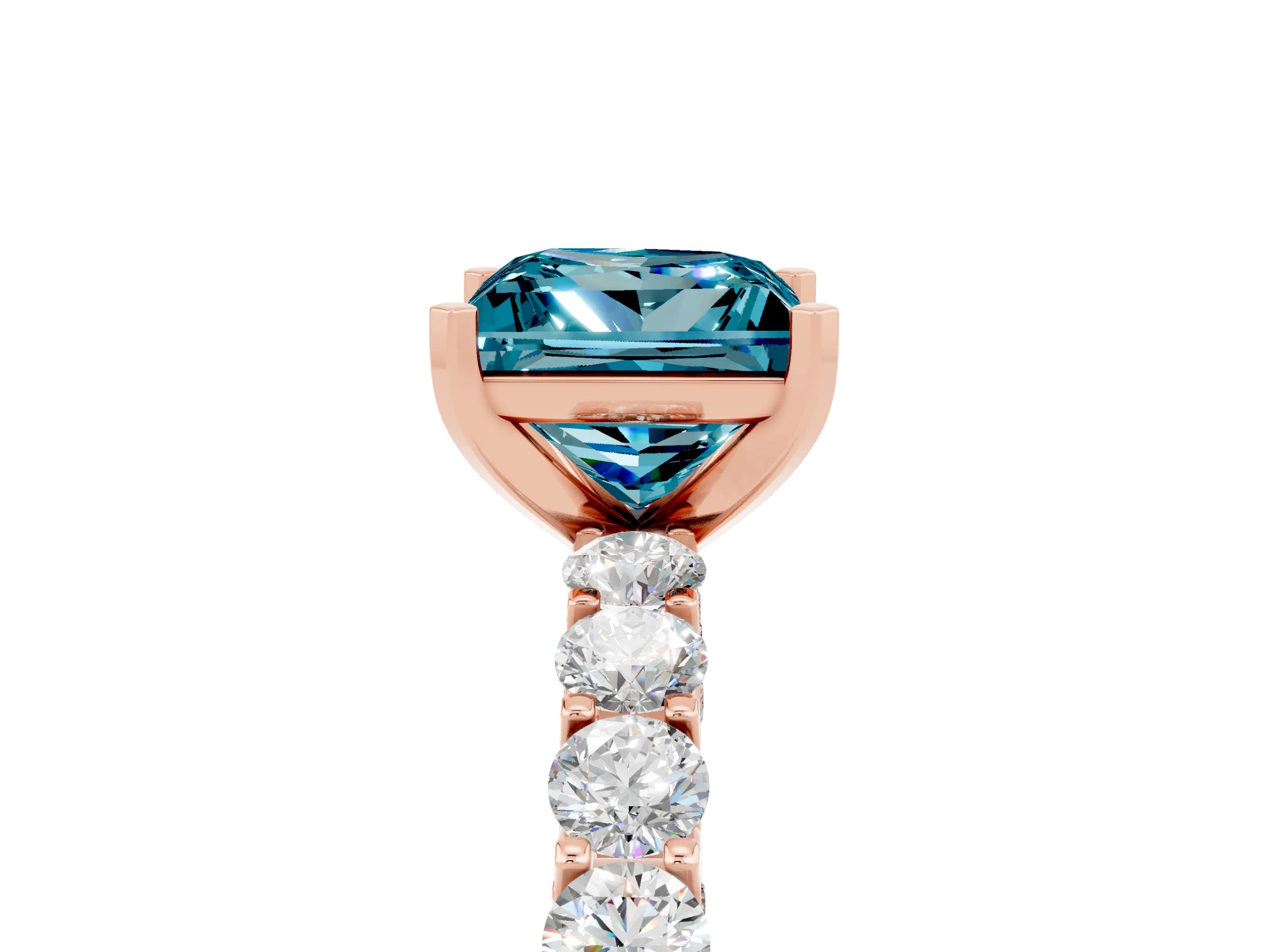 Rose gold Princess Cut Blue Topaz Solitaire Ring with Shared Prong Pavé Band and Four-Prong Setting_5