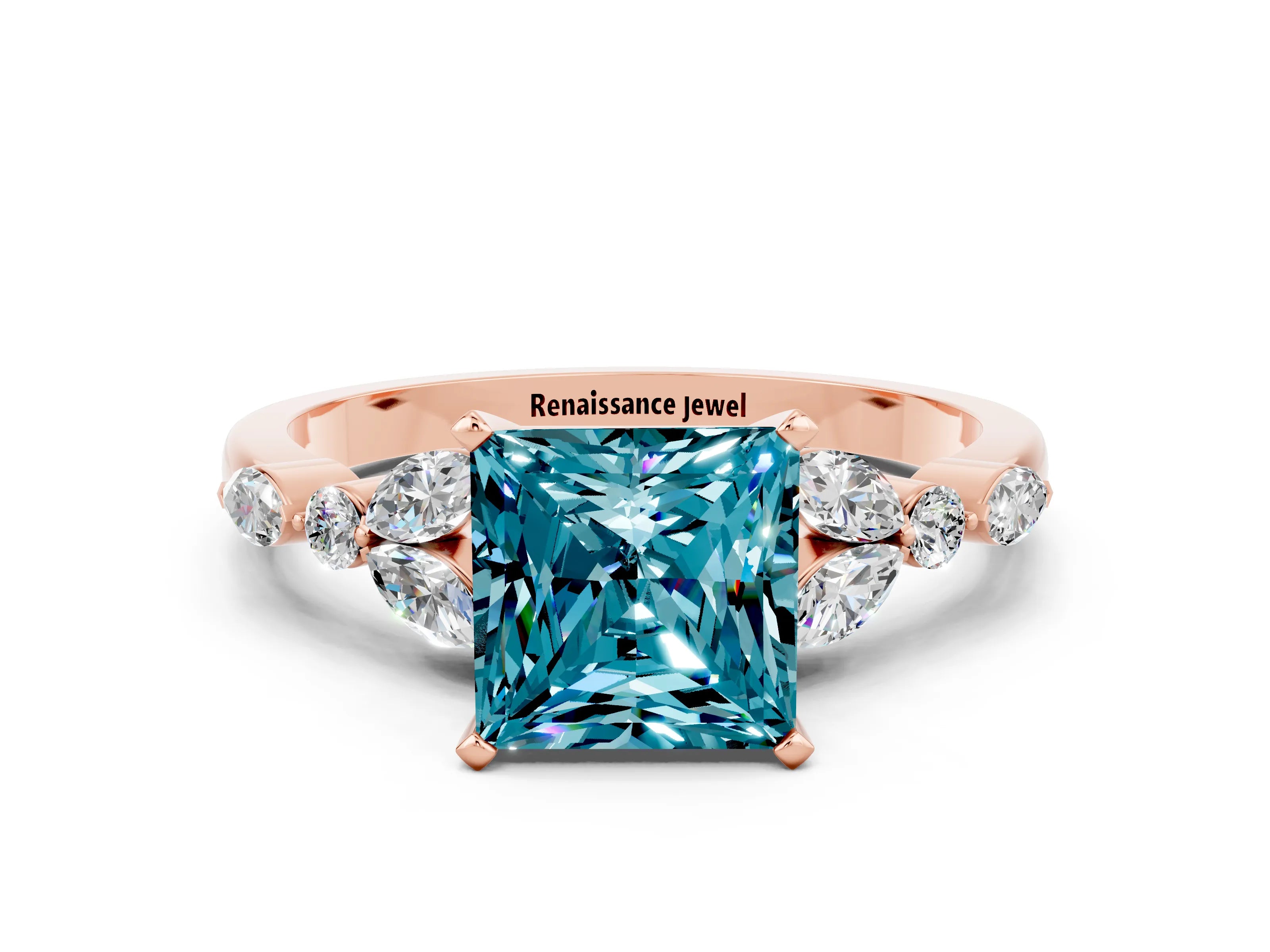 Rose gold Princess Cut Blue Topaz Solitaire Ring with Side Stones and Four-Prong Setting_12