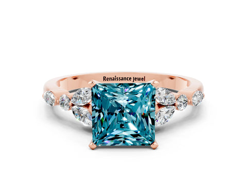 Rose gold Princess Cut Blue Topaz Solitaire Ring with Side Stones and Four-Prong Setting_12