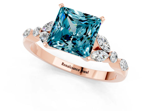 Rose gold Princess Cut Blue Topaz Solitaire Ring with Side Stones and Four-Prong Setting_13