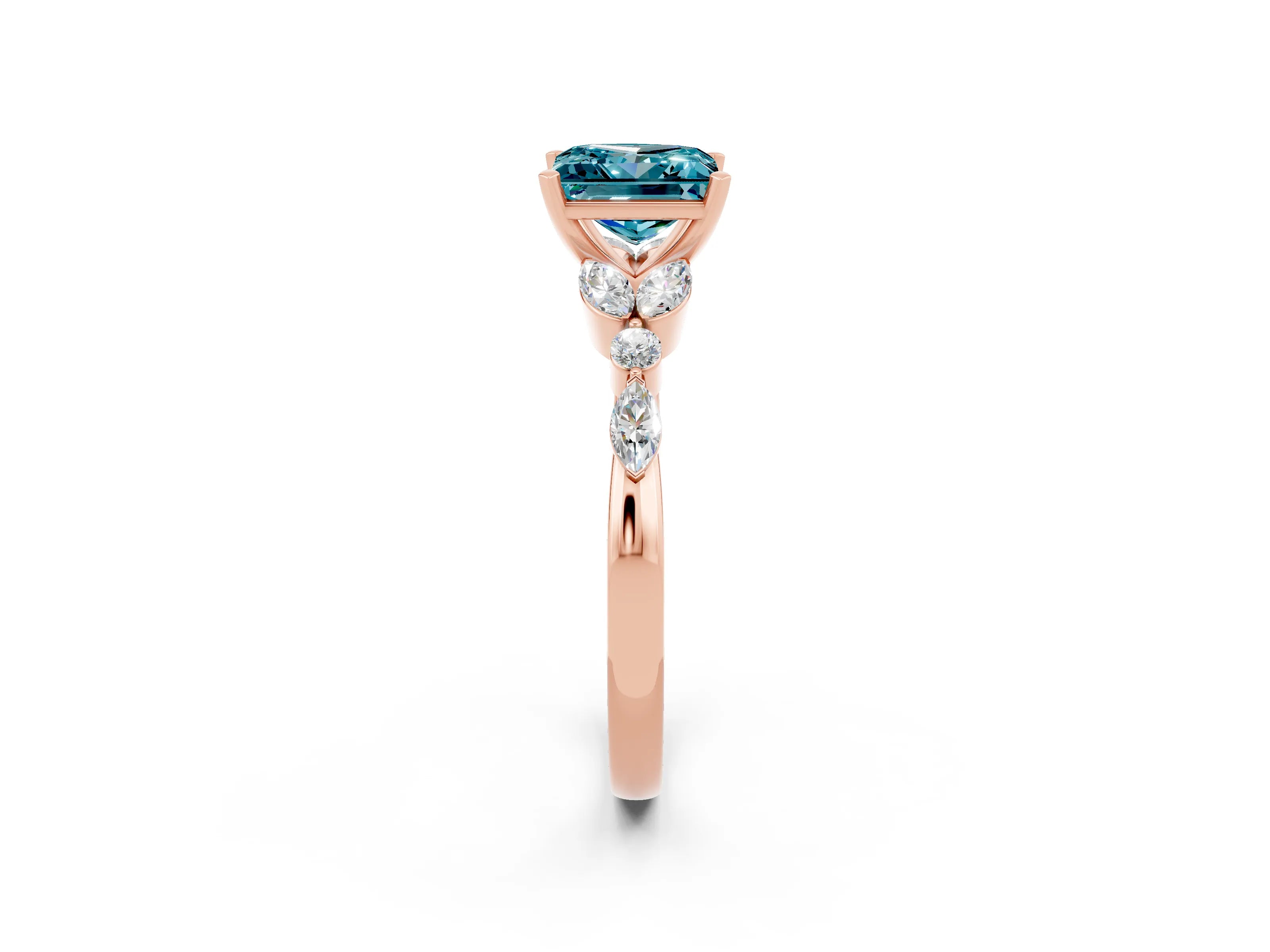 Rose gold Princess Cut Blue Topaz Solitaire Ring with Side Stones and Four-Prong Setting_14