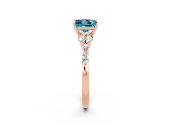 Rose gold Princess Cut Blue Topaz Solitaire Ring with Side Stones and Four-Prong Setting