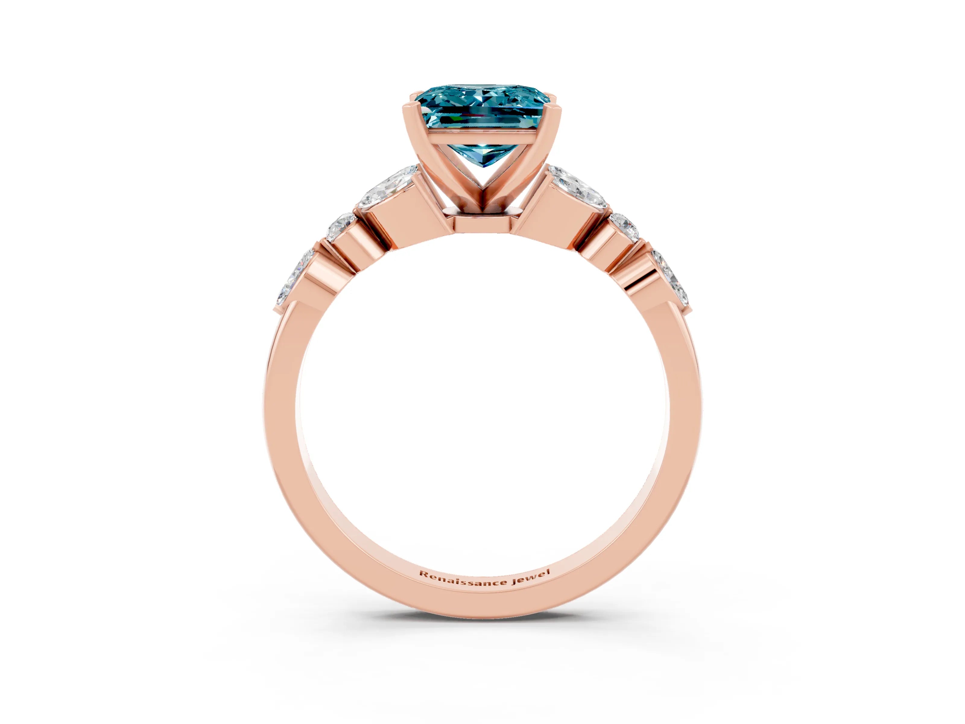 Rose gold Princess Cut Blue Topaz Solitaire Ring with Side Stones and Four-Prong Setting_15