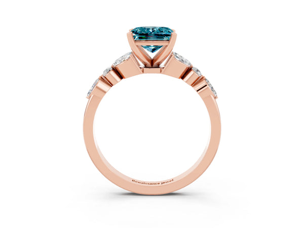 Rose gold Princess Cut Blue Topaz Solitaire Ring with Side Stones and Four-Prong Setting