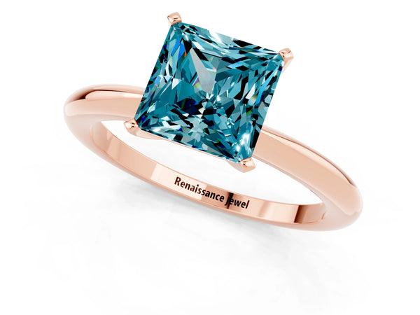 Rose gold Princess Cut Blue Topaz Solitaire Ring with Six-Prong Setting and Classic Band