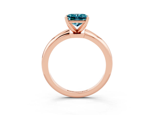 Rose gold Princess Cut Blue Topaz Solitaire Ring with Six-Prong Setting and Classic Band