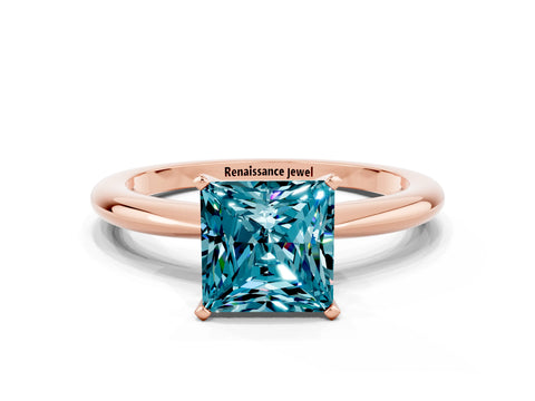 Rose gold Princess Cut Blue Topaz Solitaire Ring with Six-Prong Setting and Classic Band
