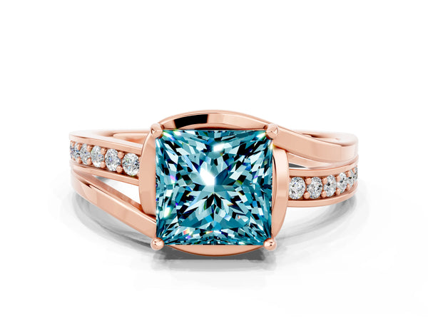 Rose gold Princess Cut Blue Topaz Solitaire Ring with Split Shank and Prong Setting