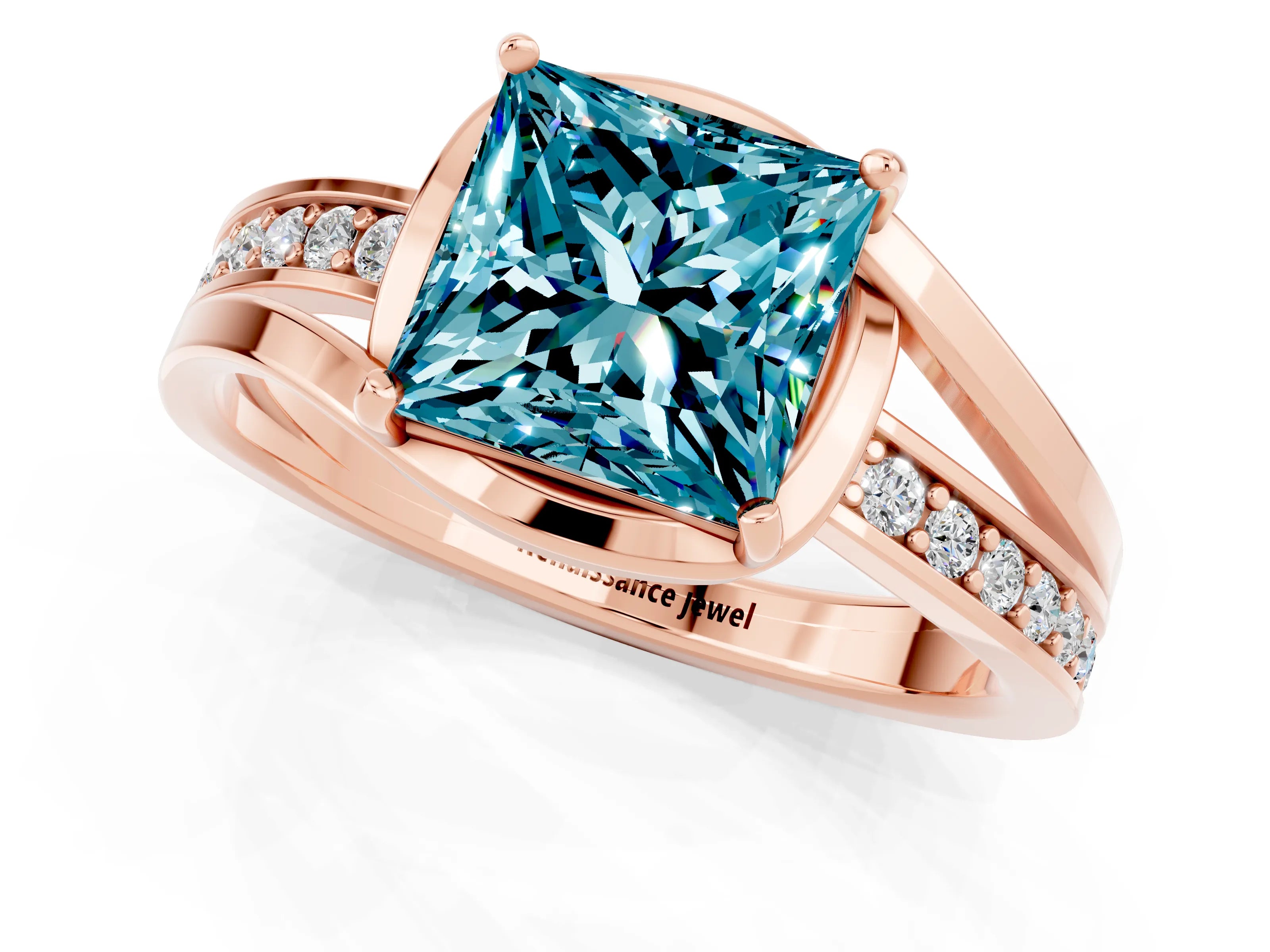 Rose gold Princess Cut Blue Topaz Solitaire Ring with Split Shank and Prong Setting_1