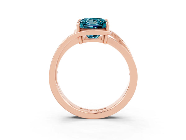 Rose gold Princess Cut Blue Topaz Solitaire Ring with Split Shank and Prong Setting