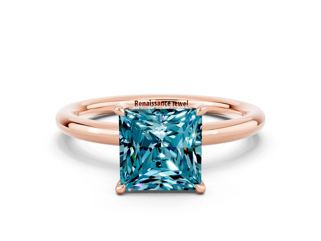 Rose gold Princess Cut Blue Topaz Solitaire Ring with Thin Band and Four-Prong Setting