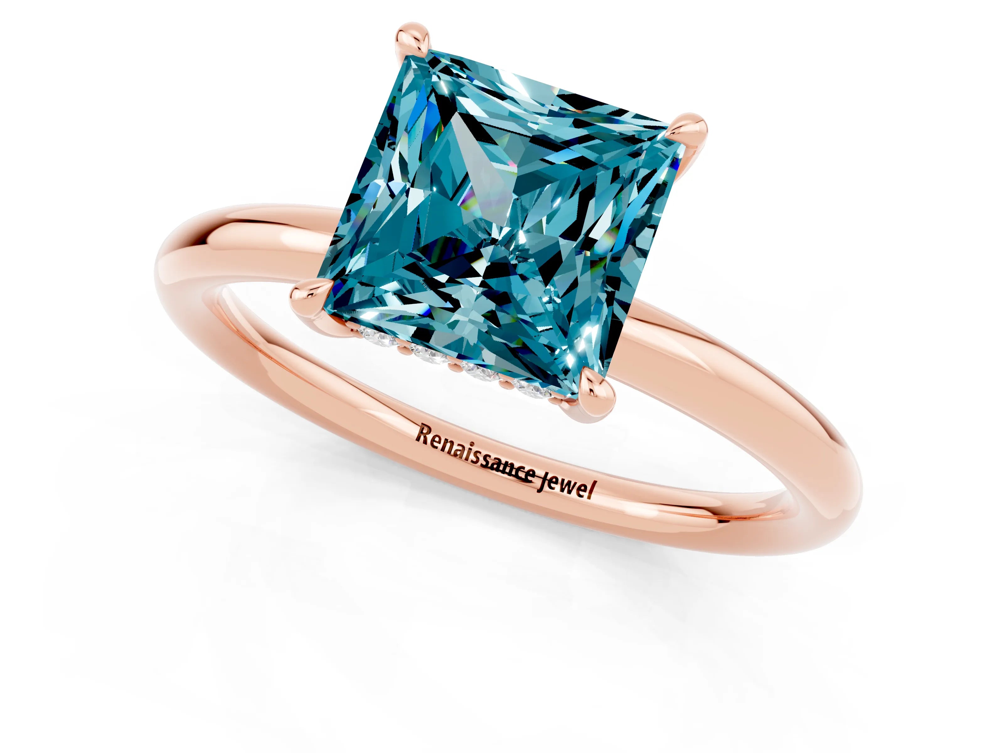 Rose gold Princess Cut Blue Topaz Solitaire Ring with Thin Band and Four-Prong Setting_1