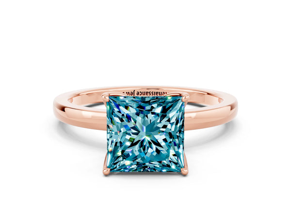 Rose gold Princess Cut Blue Topaz Solitaire Ring with Thin Band and Prong Setting