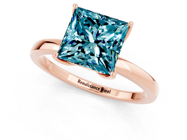 Rose gold Princess Cut Blue Topaz Solitaire Ring with Thin Band and Prong Setting