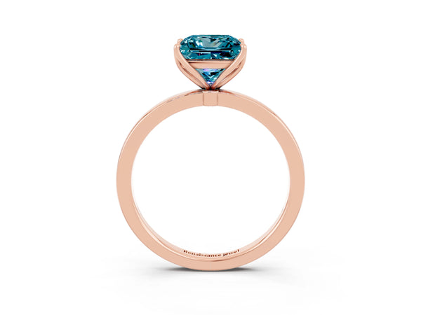 Rose gold Princess Cut Blue Topaz Solitaire Ring with Thin Band and Prong Setting