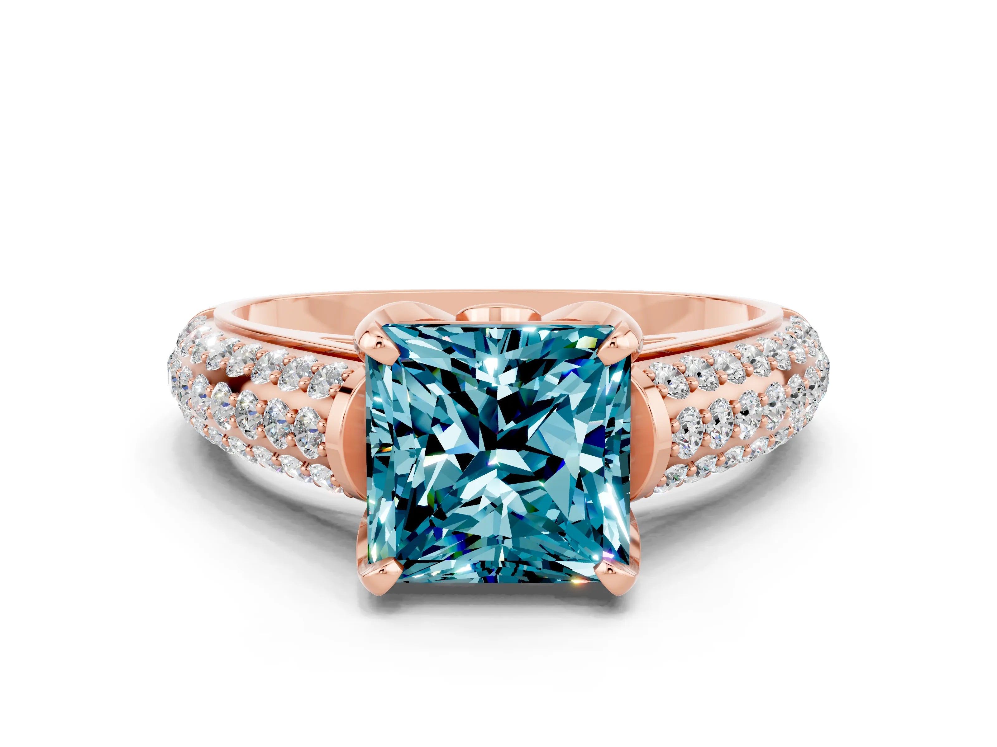 Rose gold Princess Cut Blue Topaz Solitaire Ring with Three-Row Pavé Band and Four-Prong Setting_12