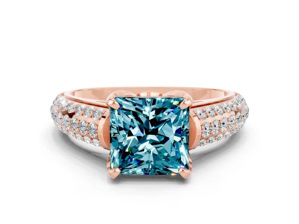 Rose gold Princess Cut Blue Topaz Solitaire Ring with Three-Row Pavé Band and Four-Prong Setting