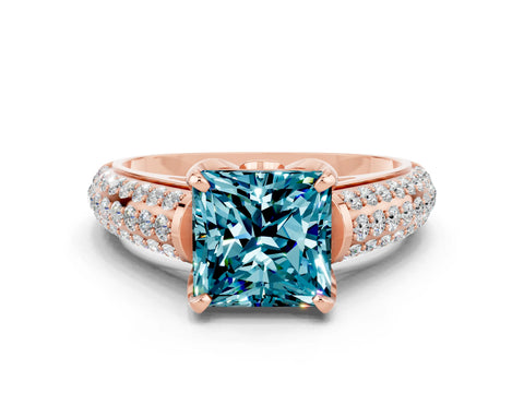 Rose gold Princess Cut Blue Topaz Solitaire Ring with Three-Row Pavé Band and Four-Prong Setting_12