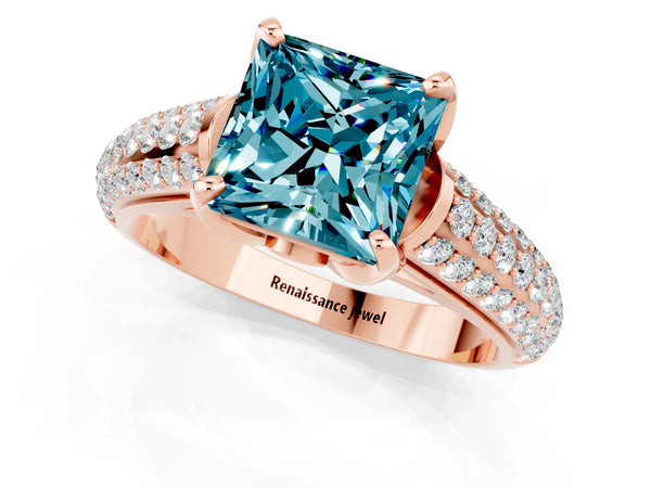 Rose gold Princess Cut Blue Topaz Solitaire Ring with Three-Row Pavé Band and Four-Prong Setting