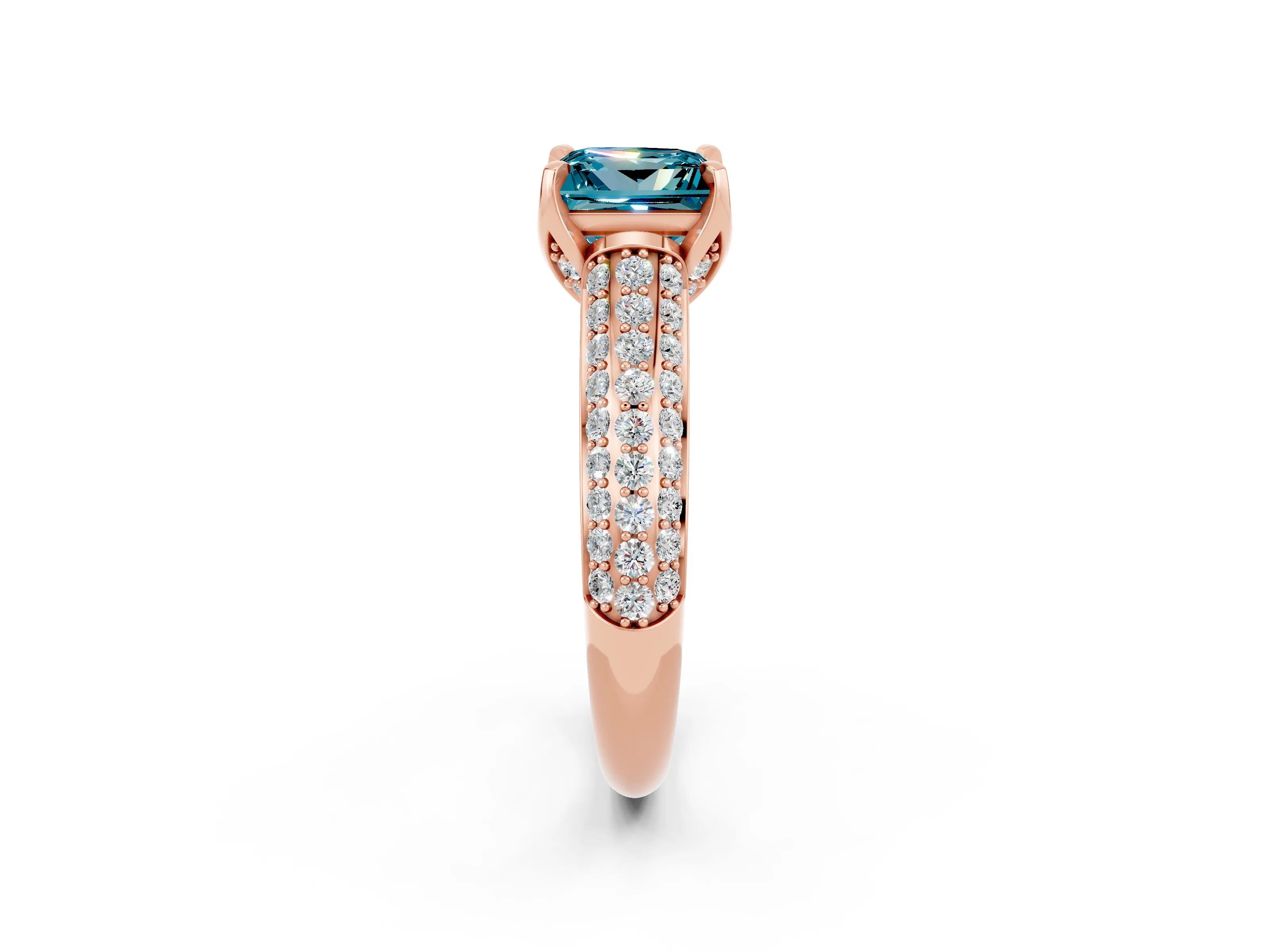 Rose gold Princess Cut Blue Topaz Solitaire Ring with Three-Row Pavé Band and Four-Prong Setting_14