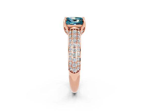 Rose gold Princess Cut Blue Topaz Solitaire Ring with Three-Row Pavé Band and Four-Prong Setting