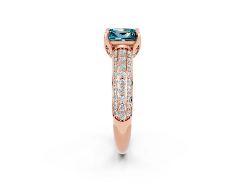 Rose gold Princess Cut Blue Topaz Solitaire Ring with Three-Row Pavé Band and Four-Prong Setting_14