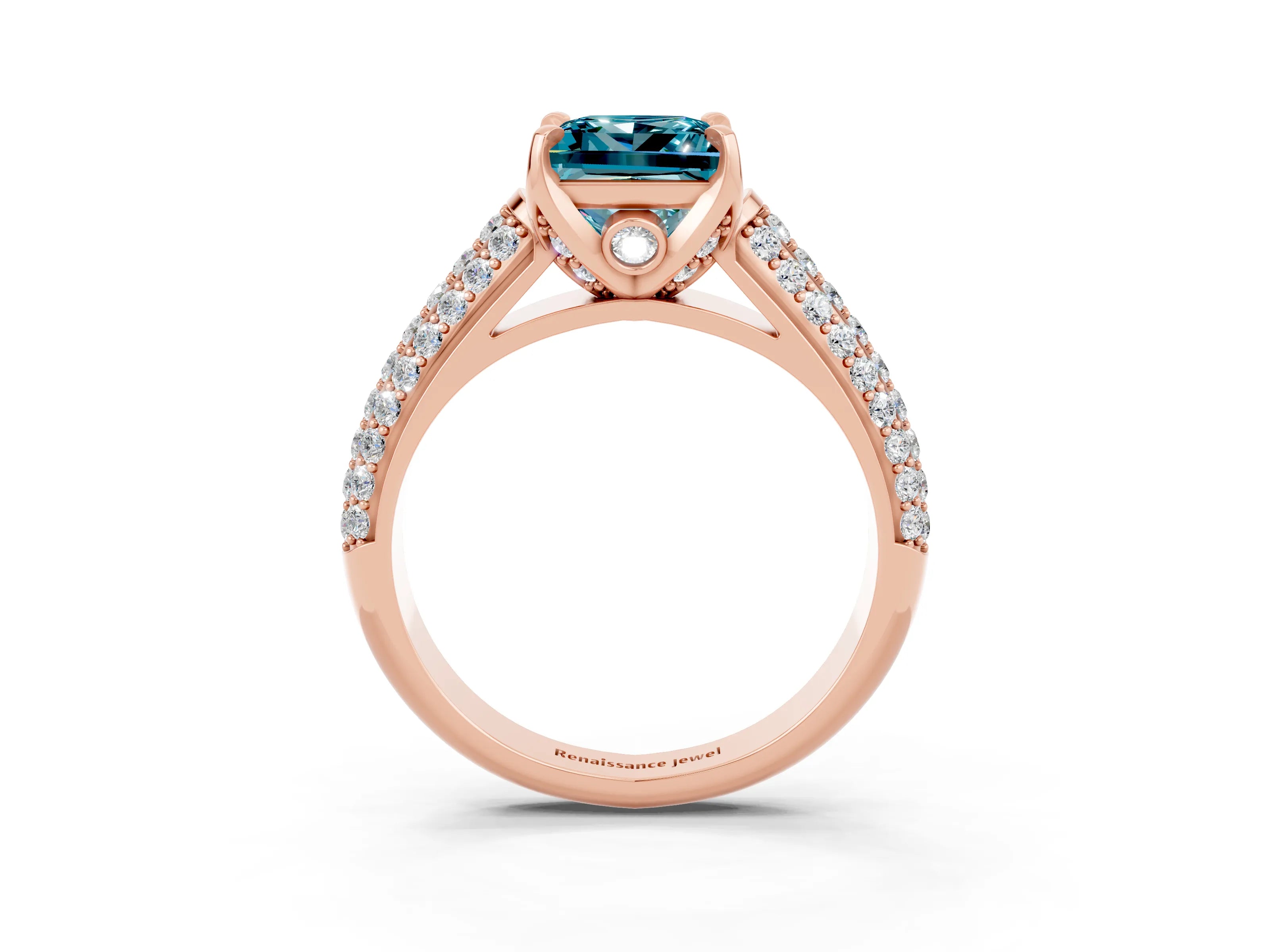 Rose gold Princess Cut Blue Topaz Solitaire Ring with Three-Row Pavé Band and Four-Prong Setting_15
