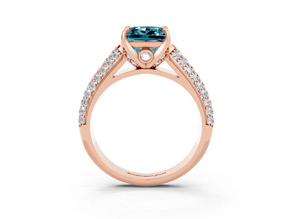 Rose gold Princess Cut Blue Topaz Solitaire Ring with Three-Row Pavé Band and Four-Prong Setting
