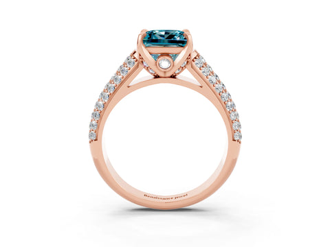 Rose gold Princess Cut Blue Topaz Solitaire Ring with Three-Row Pavé Band and Four-Prong Setting_15