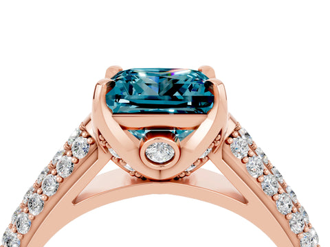 Rose gold Princess Cut Blue Topaz Solitaire Ring with Three-Row Pavé Band and Four-Prong Setting_16