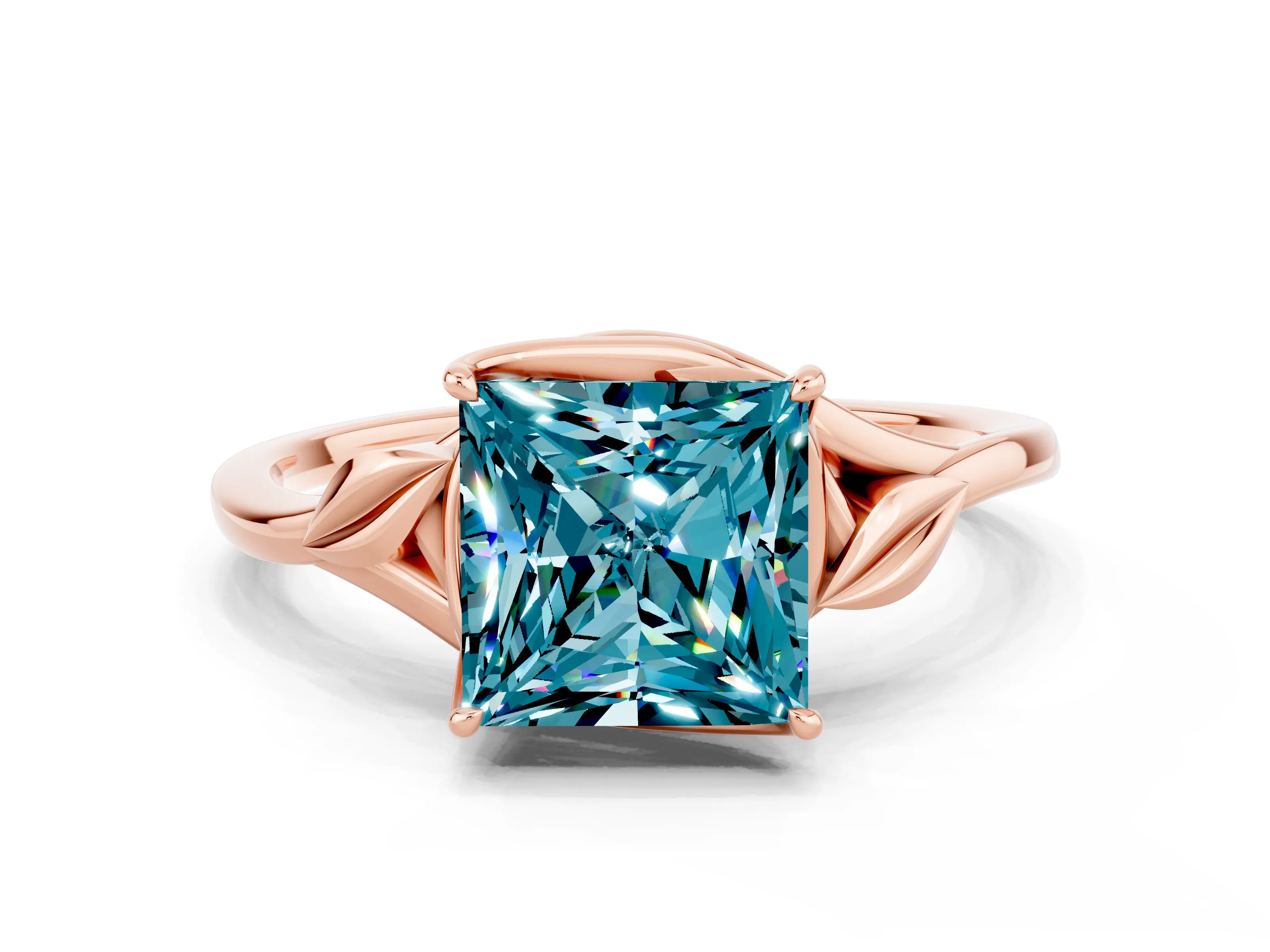 Rose gold Princess Cut Blue Topaz Solitaire Ring with Twist Band and Four-Prong Setting_24