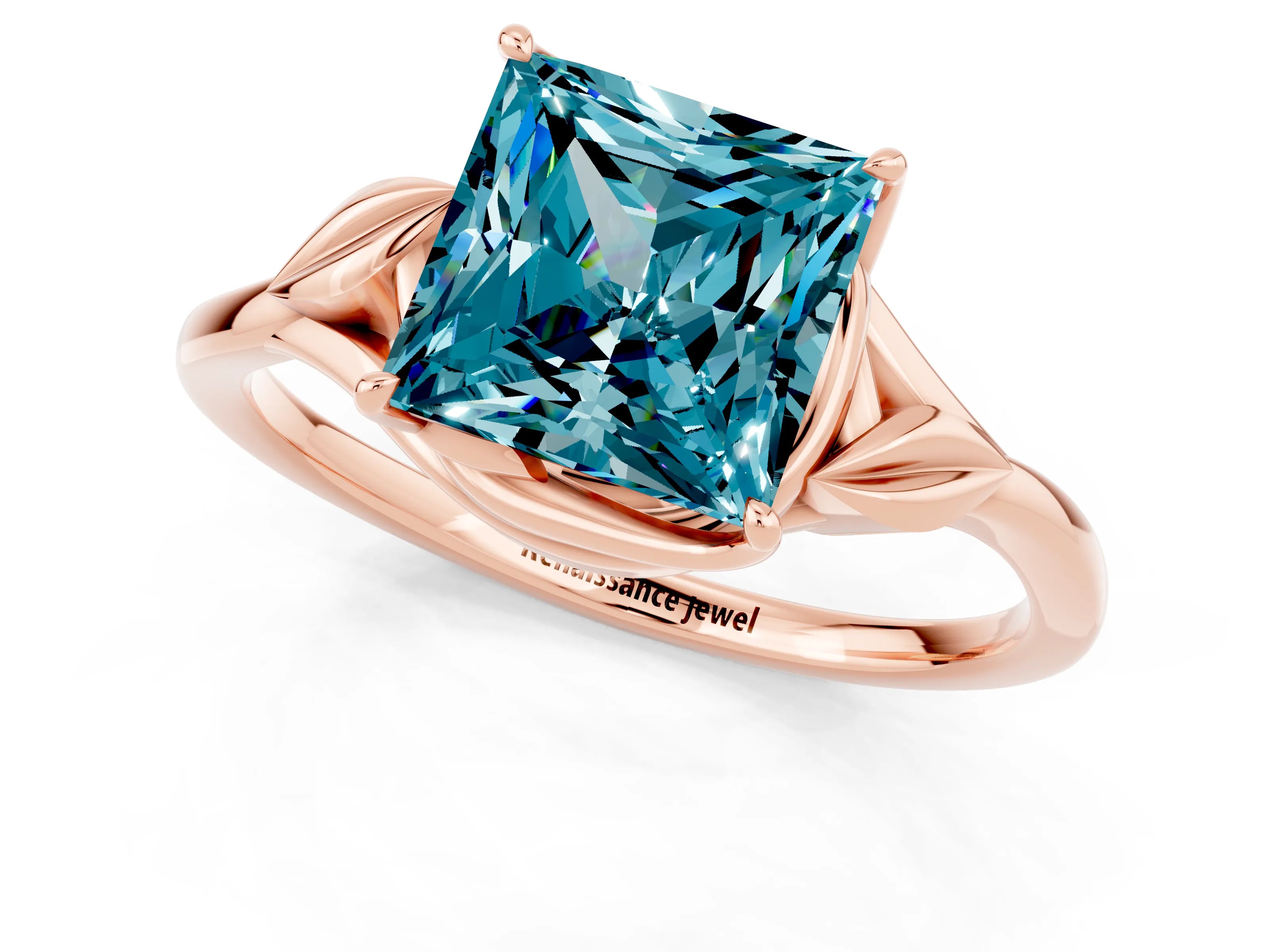 Rose gold Princess Cut Blue Topaz Solitaire Ring with Twist Band and Four-Prong Setting_25