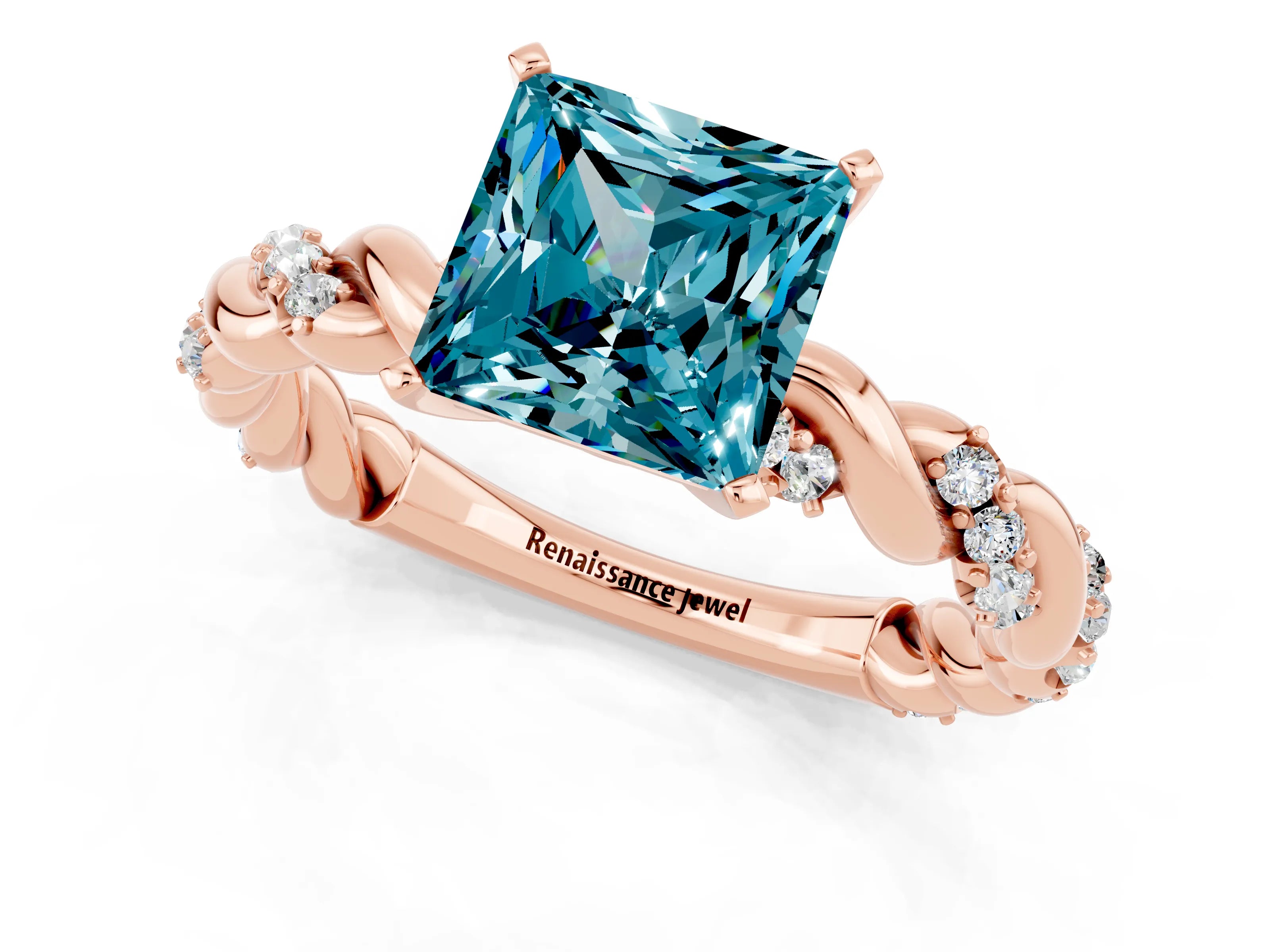 Rose gold Princess Cut Blue Topaz Solitaire Ring with Twisted Band and Pavé Accents_1