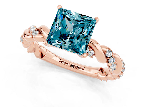Rose gold Princess Cut Blue Topaz Solitaire Ring with Twisted Band and Pavé Accents