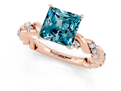 Rose gold Princess Cut Blue Topaz Solitaire Ring with Twisted Band and Pavé Accents_1