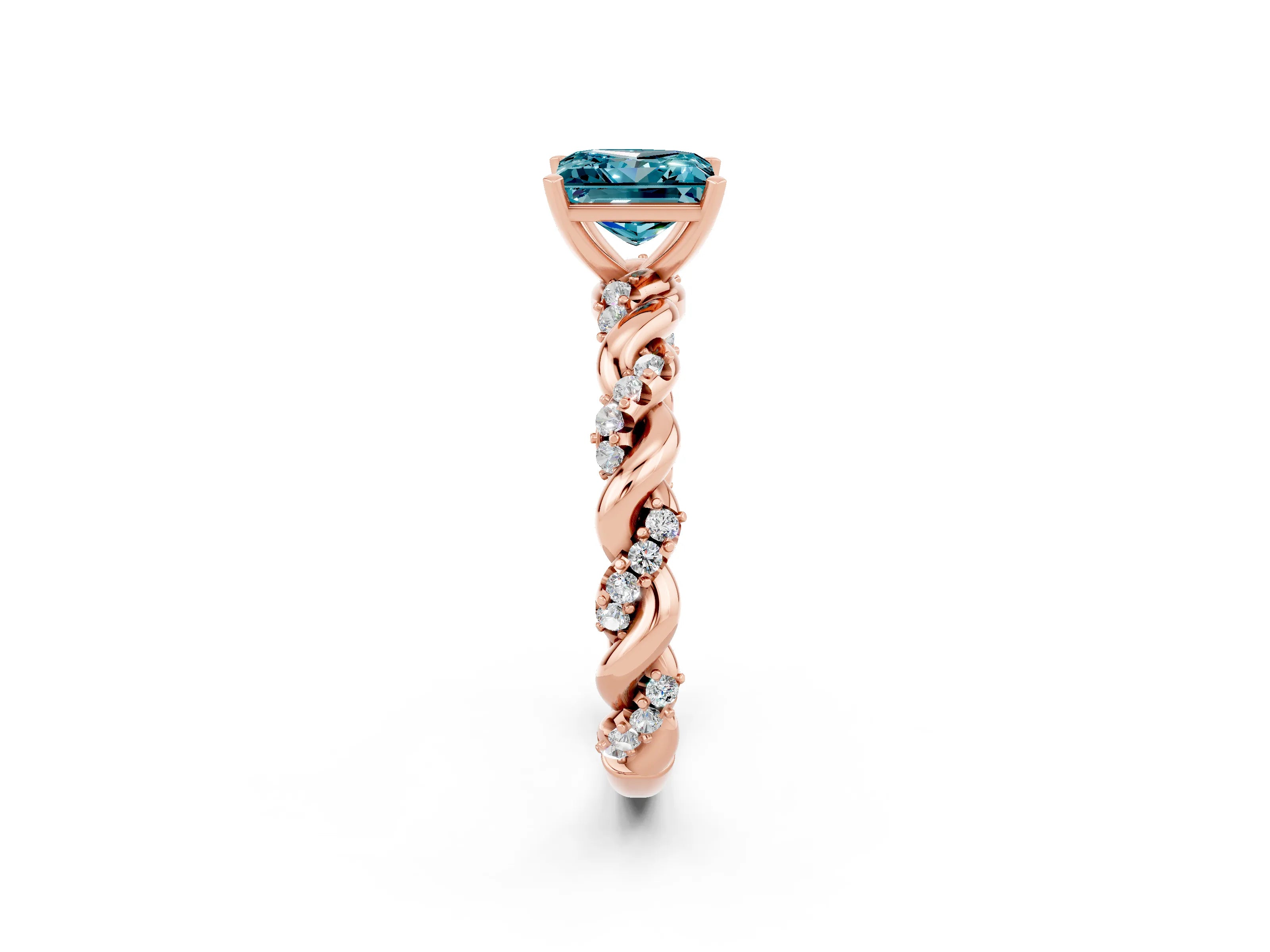 Rose gold Princess Cut Blue Topaz Solitaire Ring with Twisted Band and Pavé Accents_2