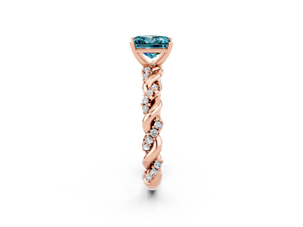Rose gold Princess Cut Blue Topaz Solitaire Ring with Twisted Band and Pavé Accents