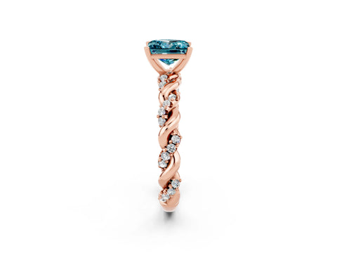 Rose gold Princess Cut Blue Topaz Solitaire Ring with Twisted Band and Pavé Accents_2