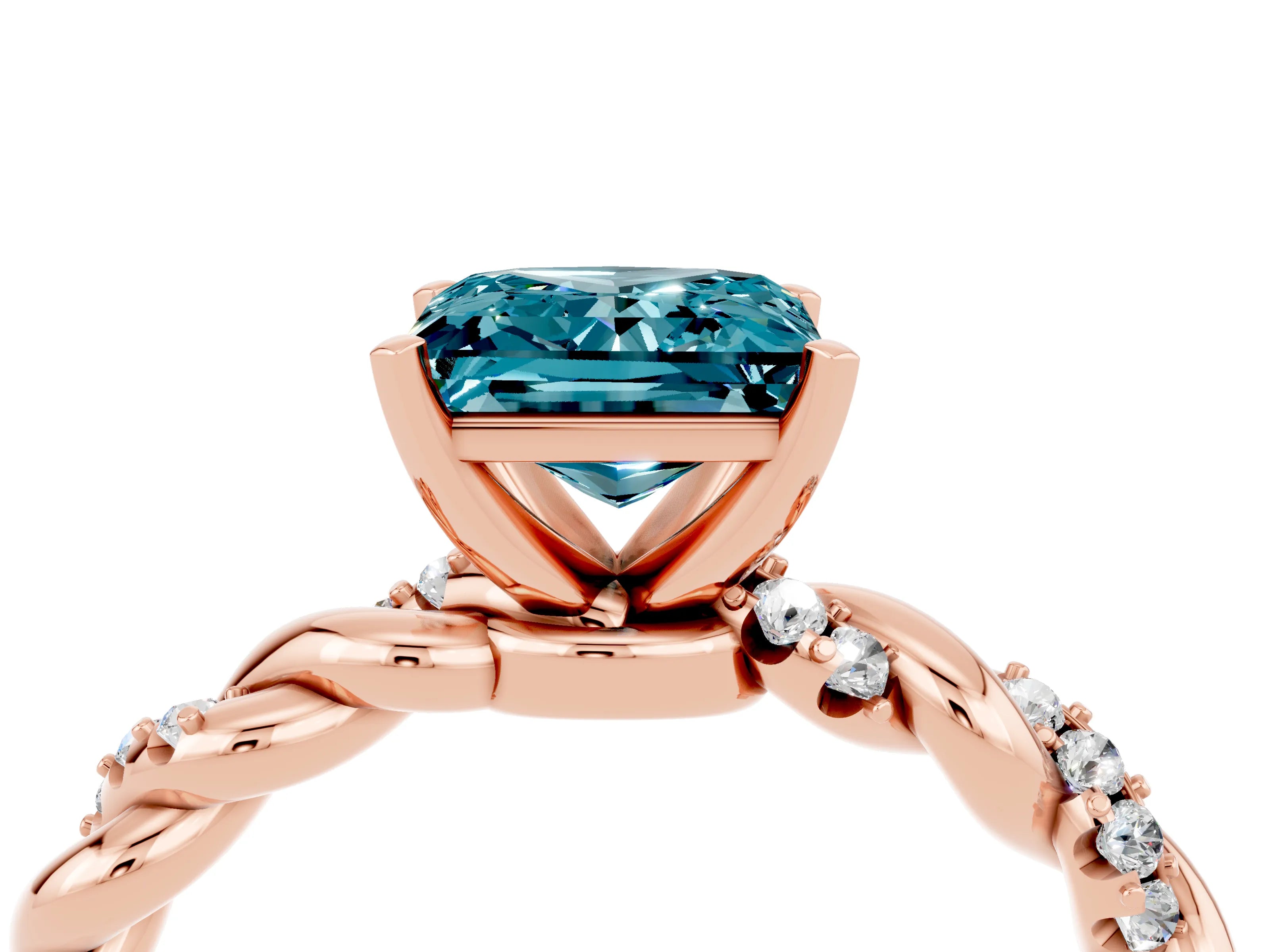 Rose gold Princess Cut Blue Topaz Solitaire Ring with Twisted Band and Pavé Accents_4