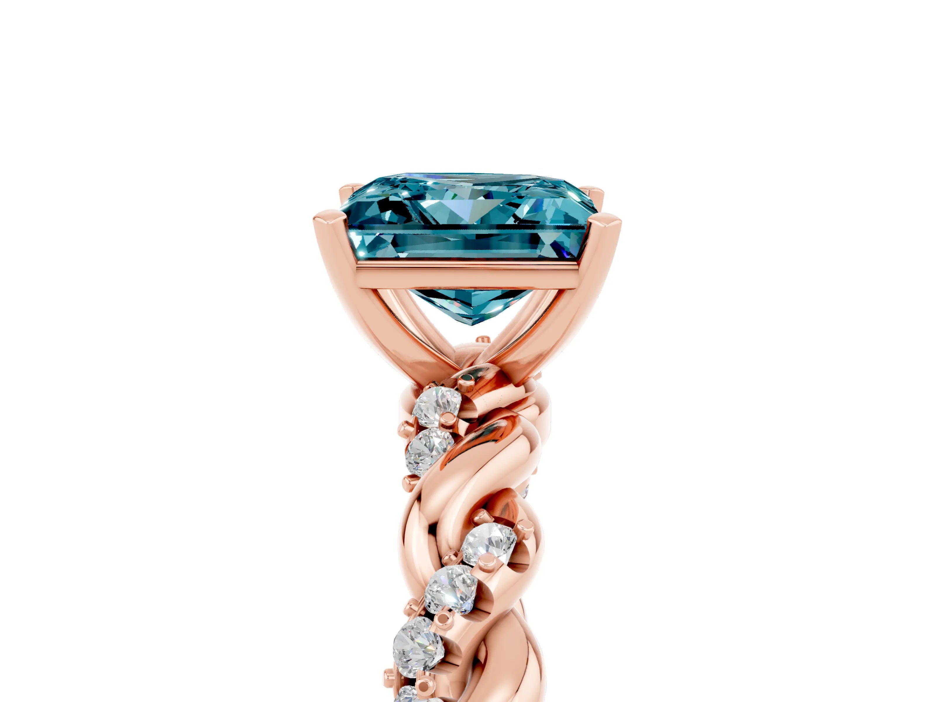 Rose gold Princess Cut Blue Topaz Solitaire Ring with Twisted Band and Pavé Accents_5