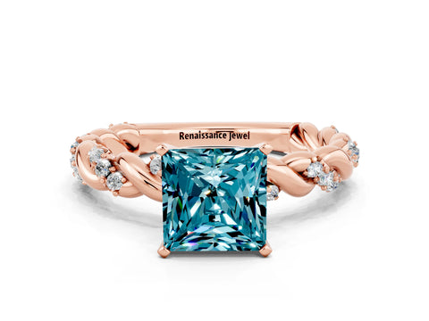 Rose gold Princess Cut Blue Topaz Solitaire Ring with Twisted Band and Pavé Accents