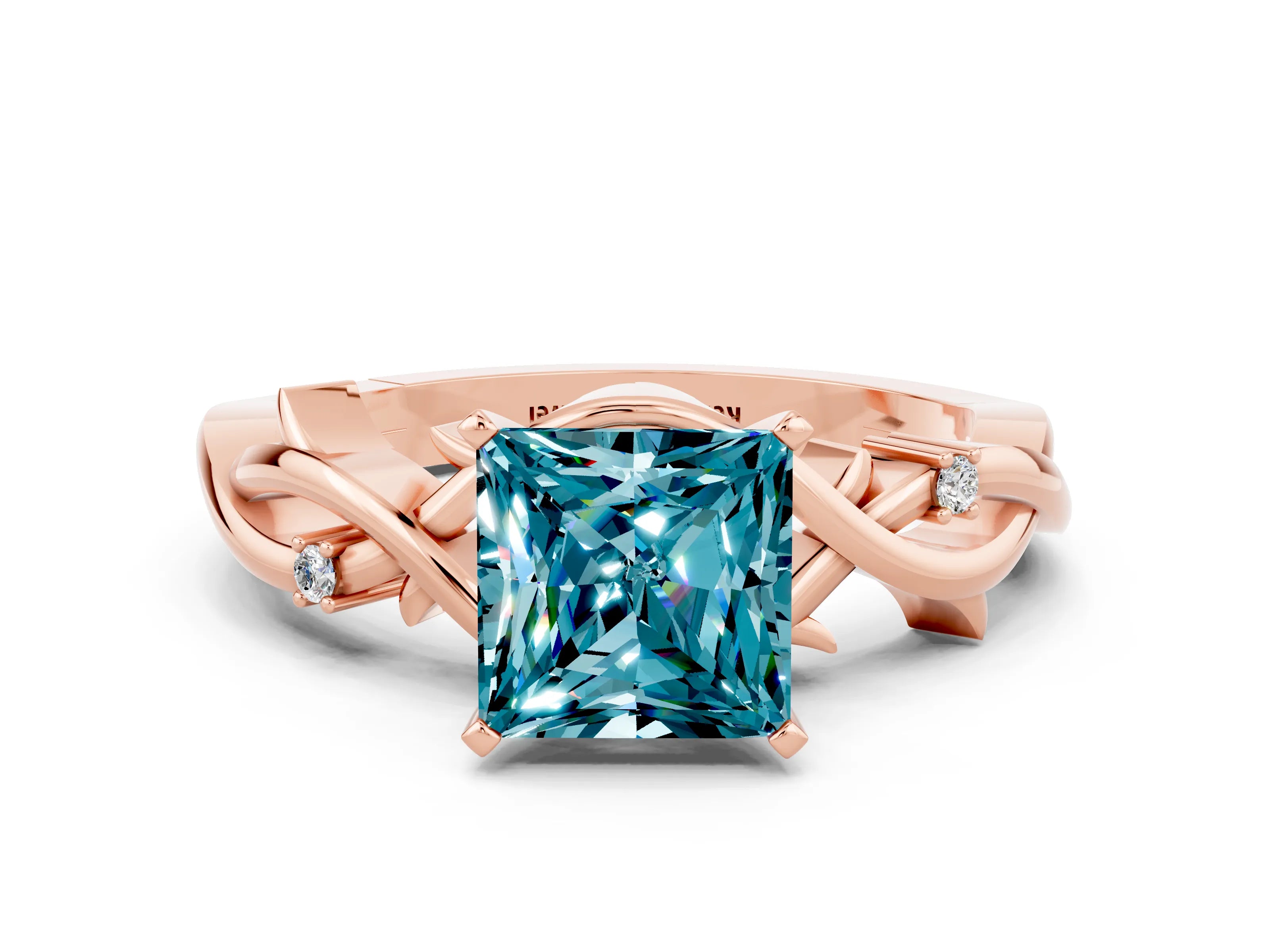 Rose gold Princess Cut Blue Topaz Solitaire Ring with Twisted Band and Prong Setting