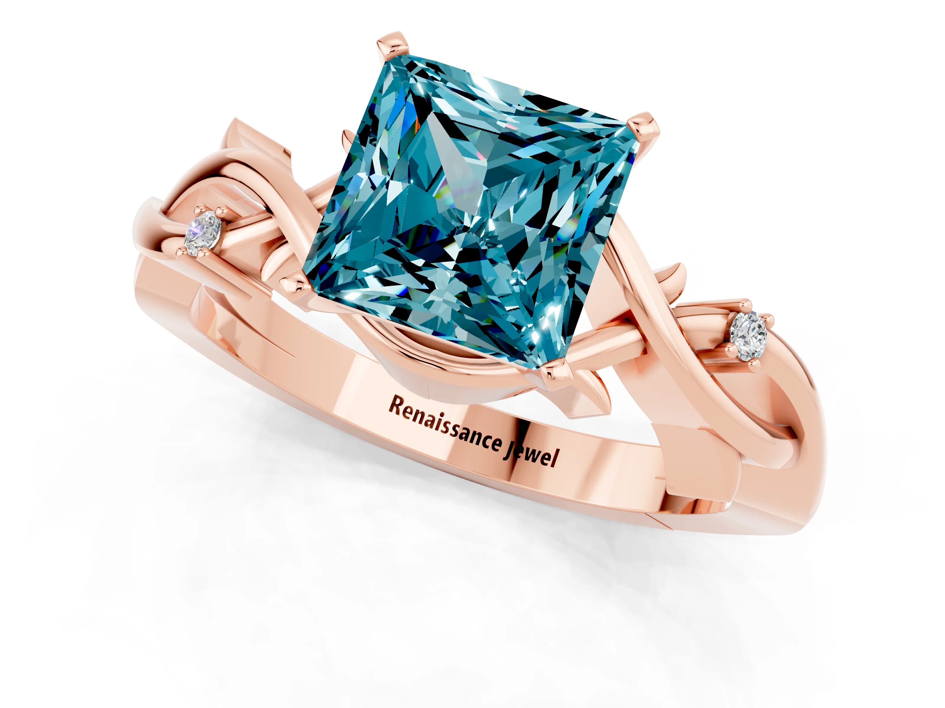Rose gold Princess Cut Blue Topaz Solitaire Ring with Twisted Band and Prong Setting_1