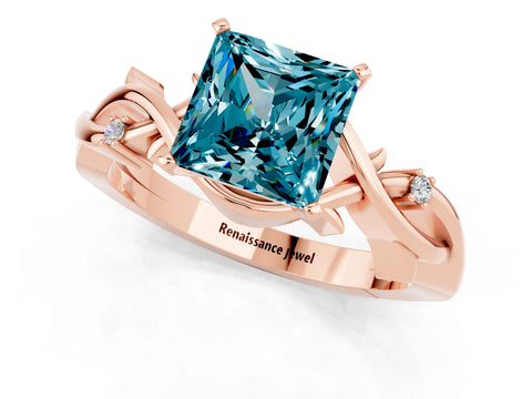 Rose gold Princess Cut Blue Topaz Solitaire Ring with Twisted Band and Prong Setting_1