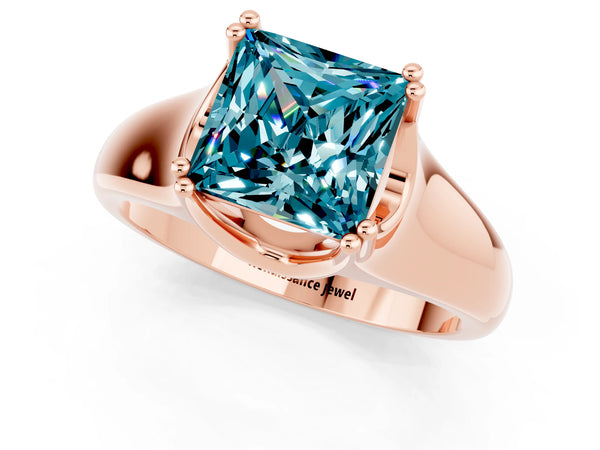 Rose gold Princess Cut Blue Topaz Solitaire Ring with Wide Band and Prong Setting